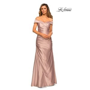 NEW LA FEMME 28103 Champagne Blush Pink Off The Shoulder Evening Gown Dress